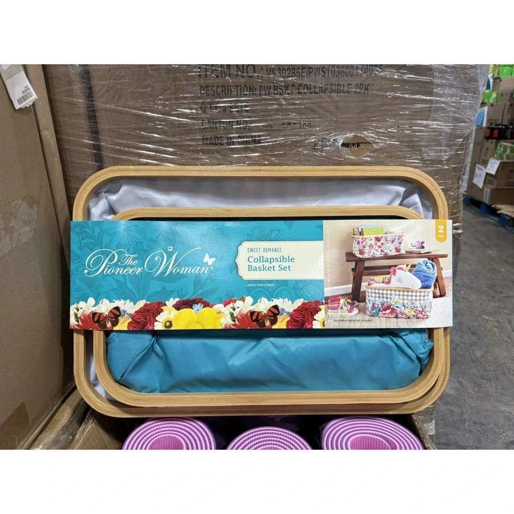 Pioneer Woman Collapsible Basket Set 2-Piece | Floral Gingham Storage Bins